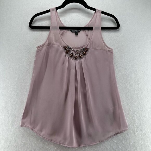 Express Top Womens Sz XS Chiffon Trim Satin Embellished Pleated Sleeveless Pink - Picture 1 of 10